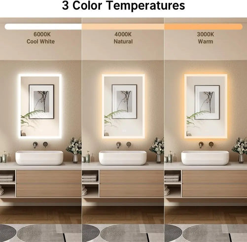 Backlit Vanity Mirror with Lights – Anti-Fog Bathroom Mirror, Frontlit & Dimmable, 3-Color Lighting (Warm/Natural/White), Wall-Mounted Horizontal or Vertical for Bathroom