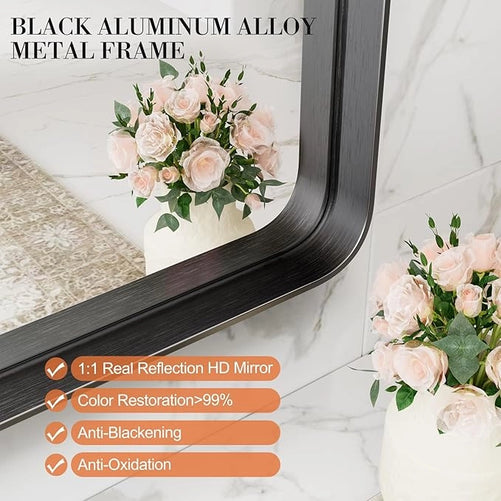 Aluminum Framed Bathroom Vanity Mirror – HD Tempered Glass Wall-Mounted Design, Ideal for Over-the-Sink Use, Supports Horizontal/Vertical Installation for Modern Décor