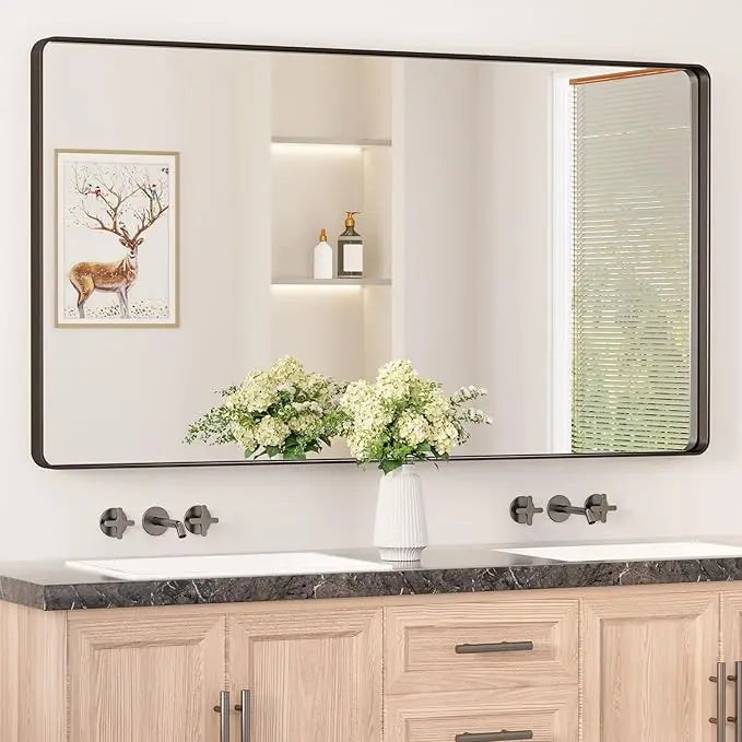 Aluminum Framed Bathroom Vanity Mirror – HD Tempered Glass Wall-Mounted Design, Ideal for Over-the-Sink Use, Supports Horizontal/Vertical Installation for Modern Décor