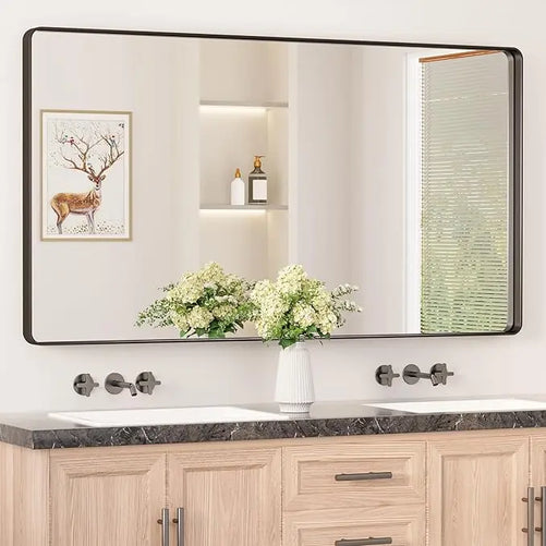 Aluminum Framed Bathroom Vanity Mirror – HD Tempered Glass Wall-Mounted Design, Ideal for Over-the-Sink Use, Supports Horizontal/Vertical Installation for Modern Décor