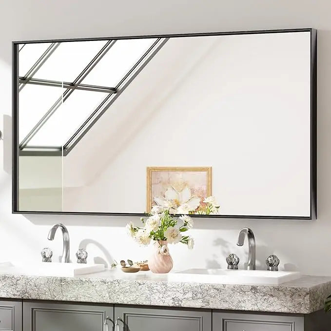 Modern Matte Black Bathroom Mirror – Versatile Mounting