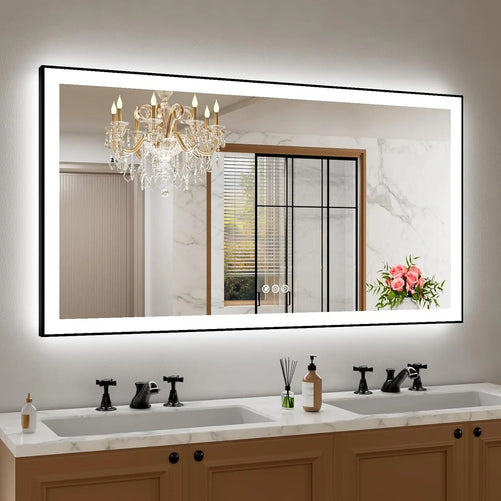 LED Bathroom Vanity Mirror with Frame – Front & Backlit, Aluminum Rectangle, Beveled Edge, 3-Color Stepless Dimmable, Anti-Fog, Memory Function, Wall-Mounted Lighted Mirror