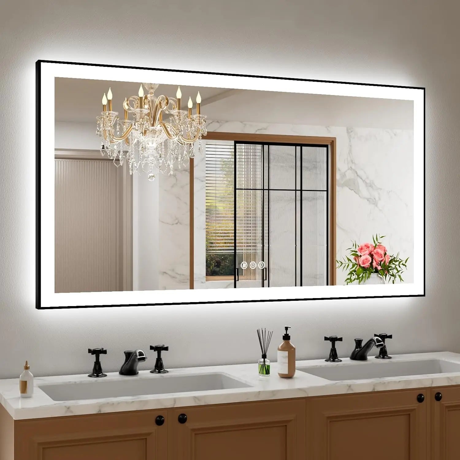 LED Bathroom Vanity Mirror with Frame – Front & Backlit, Aluminum Rectangle, Beveled Edge, 3-Color Stepless Dimmable, Anti-Fog, Memory Function, Wall-Mounted Lighted Mirror