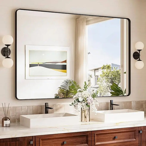 Aluminum Framed Bathroom Vanity Mirror – HD Tempered Glass Wall-Mounted Design, Ideal for Over-the-Sink Use, Supports Horizontal/Vertical Installation for Modern Décor