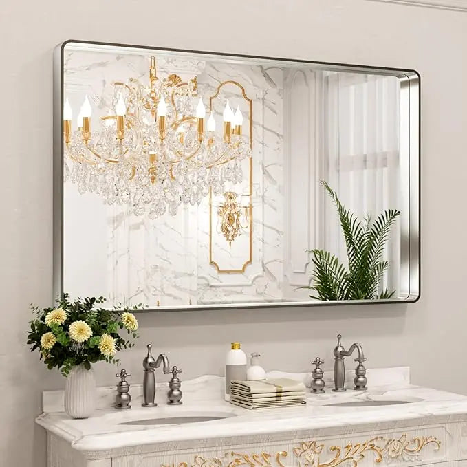 Aluminum Framed Bathroom Vanity Mirror – HD Tempered Glass Wall-Mounted Design, Ideal for Over-the-Sink Use, Supports Horizontal/Vertical Installation for Modern Décor