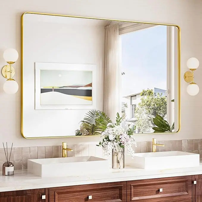 Aluminum Framed Bathroom Vanity Mirror – HD Tempered Glass Wall-Mounted Design, Ideal for Over-the-Sink Use, Supports Horizontal/Vertical Installation for Modern Décor