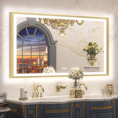LED Bathroom Vanity Mirror with Frame – Front & Backlit, Aluminum Rectangle, Beveled Edge, 3-Color Stepless Dimmable, Anti-Fog, Memory Function, Wall-Mounted Lighted Mirror