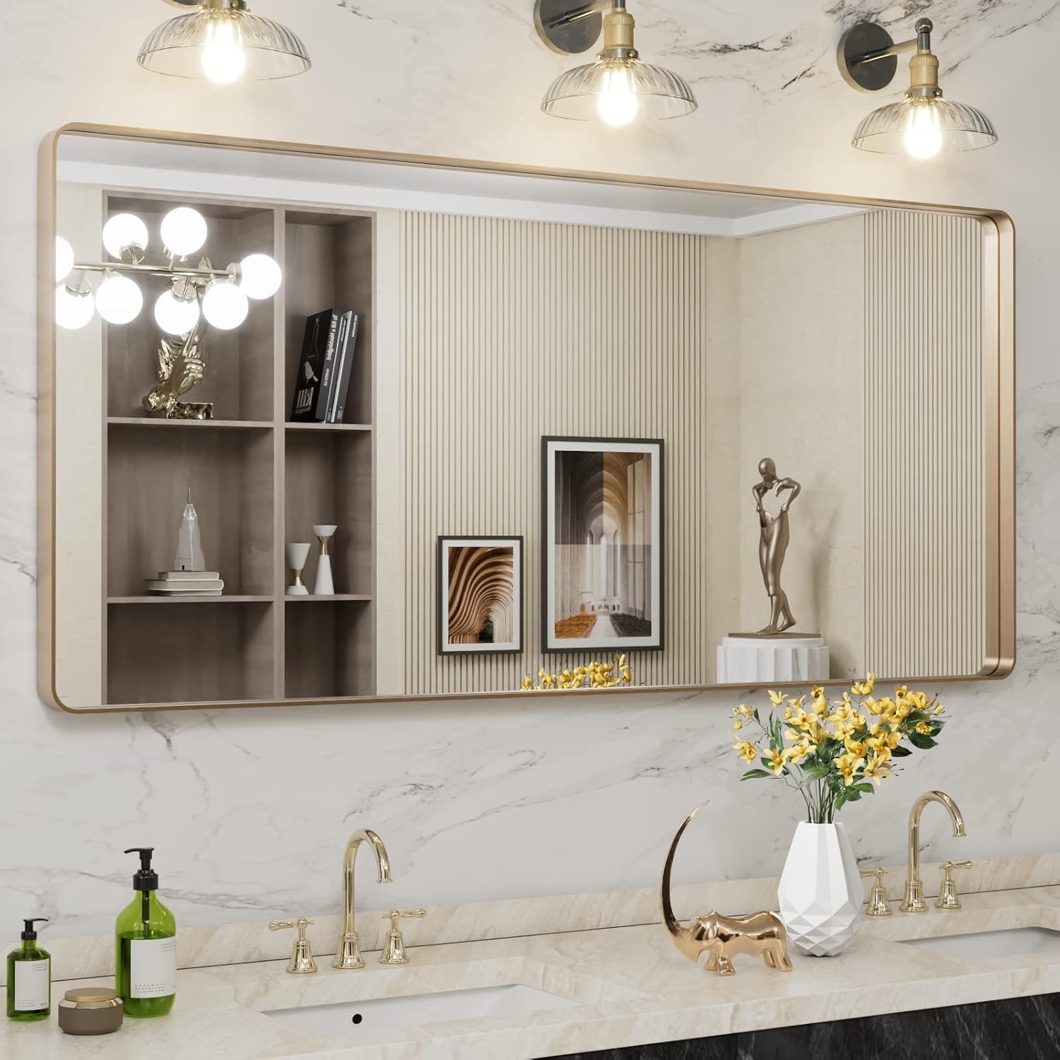 Aluminum Framed Bathroom Vanity Mirror – HD Tempered Glass Wall-Mounted Design, Ideal for Over-the-Sink Use, Supports Horizontal/Vertical Installation for Modern Décor