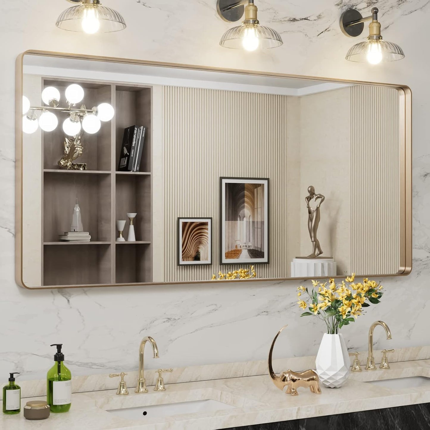 Aluminum Framed Bathroom Vanity Mirror – HD Tempered Glass Wall-Mounted Design, Ideal for Over-the-Sink Use, Supports Horizontal/Vertical Installation for Modern Décor