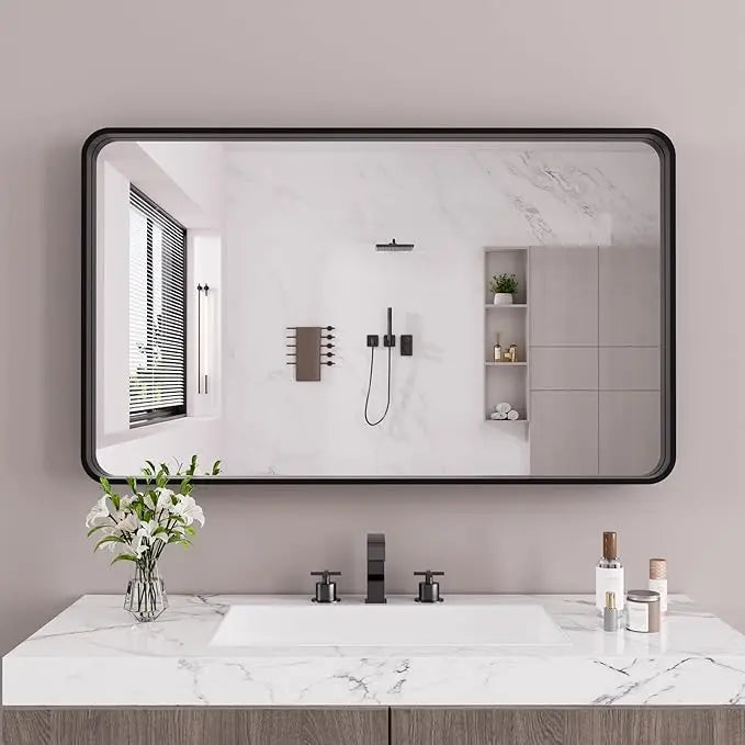 Aluminum Framed Bathroom Vanity Mirror – HD Tempered Glass Wall-Mounted Design, Ideal for Over-the-Sink Use, Supports Horizontal/Vertical Installation for Modern Décor