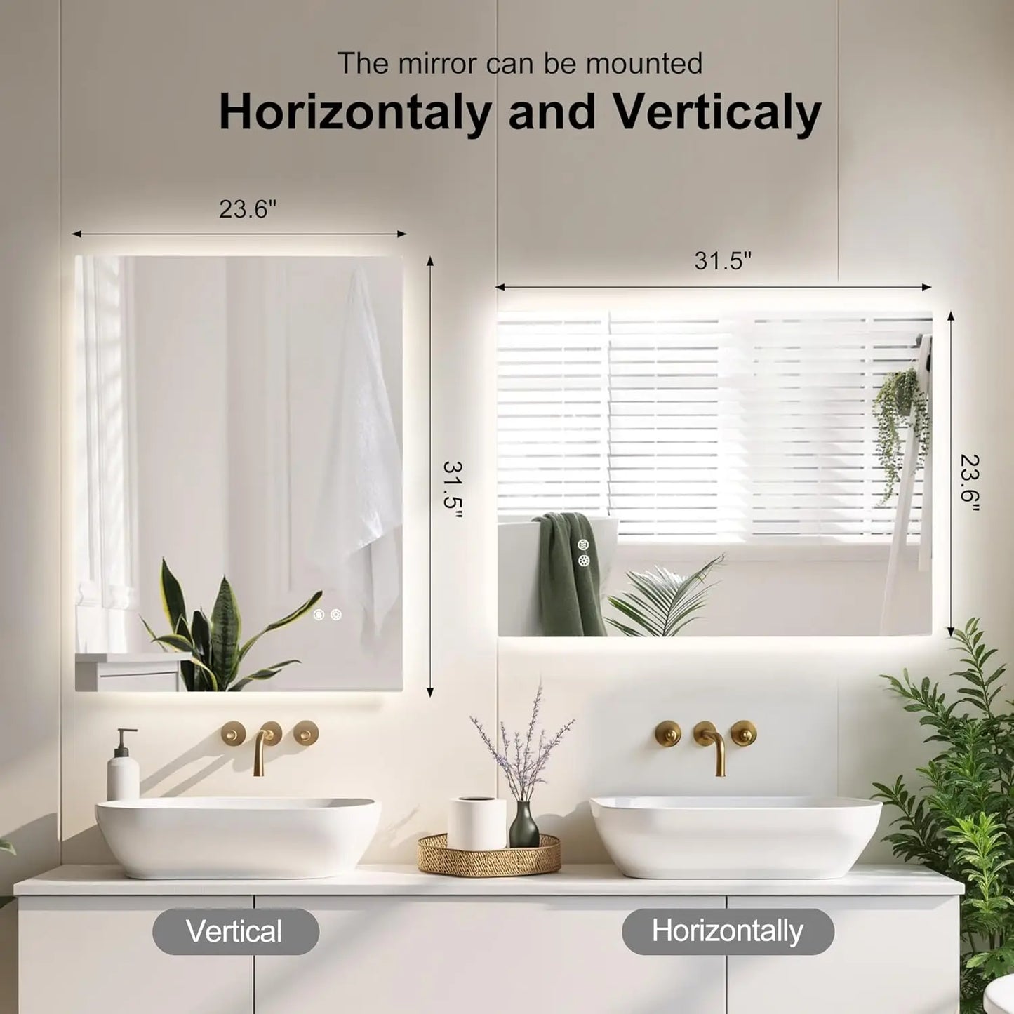 LED Backlit Bathroom Vanity Mirror – Anti-Fog Lighted Vanity Mirror, Stepless Dimmable, CRI 90+, IP54 Waterproof, Wall Mounted, Horizontal or Vertical Installation for Modern Bathroom