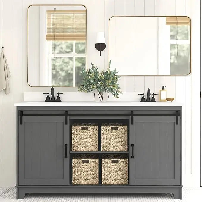 Framed Bathroom Wall Mirror with Non-Rusting Aluminum Alloy in Brushed Metal Finish – Stylish Modern Farmhouse Design for Bedroom, Living Room, or Bathroom