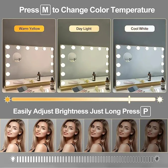 Vanity Mirror with Lights – 15 USB Dimmable Bulbs, 3-Color Modes, Charging Port, Metal Frame, Wooden Base, Hollywood Style Lighted Makeup Mirror with Touch Control