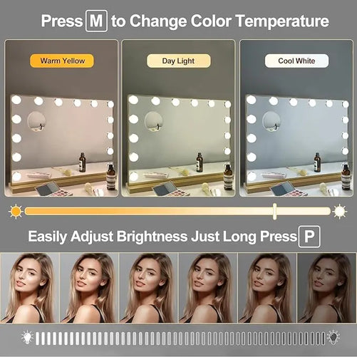 Vanity Mirror with Lights – 15 USB Dimmable Bulbs, 3-Color Modes, Charging Port, Metal Frame, Wooden Base, Hollywood Style Lighted Makeup Mirror with Touch Control