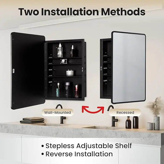 Bathroom Vanity Medicine Cabinet with Mirror – Small Brushed Brass, Stainless Steel Frame, Rounded Rectangle, Adjustable Shelves, Recessed or Surface Mount for Modern Storage