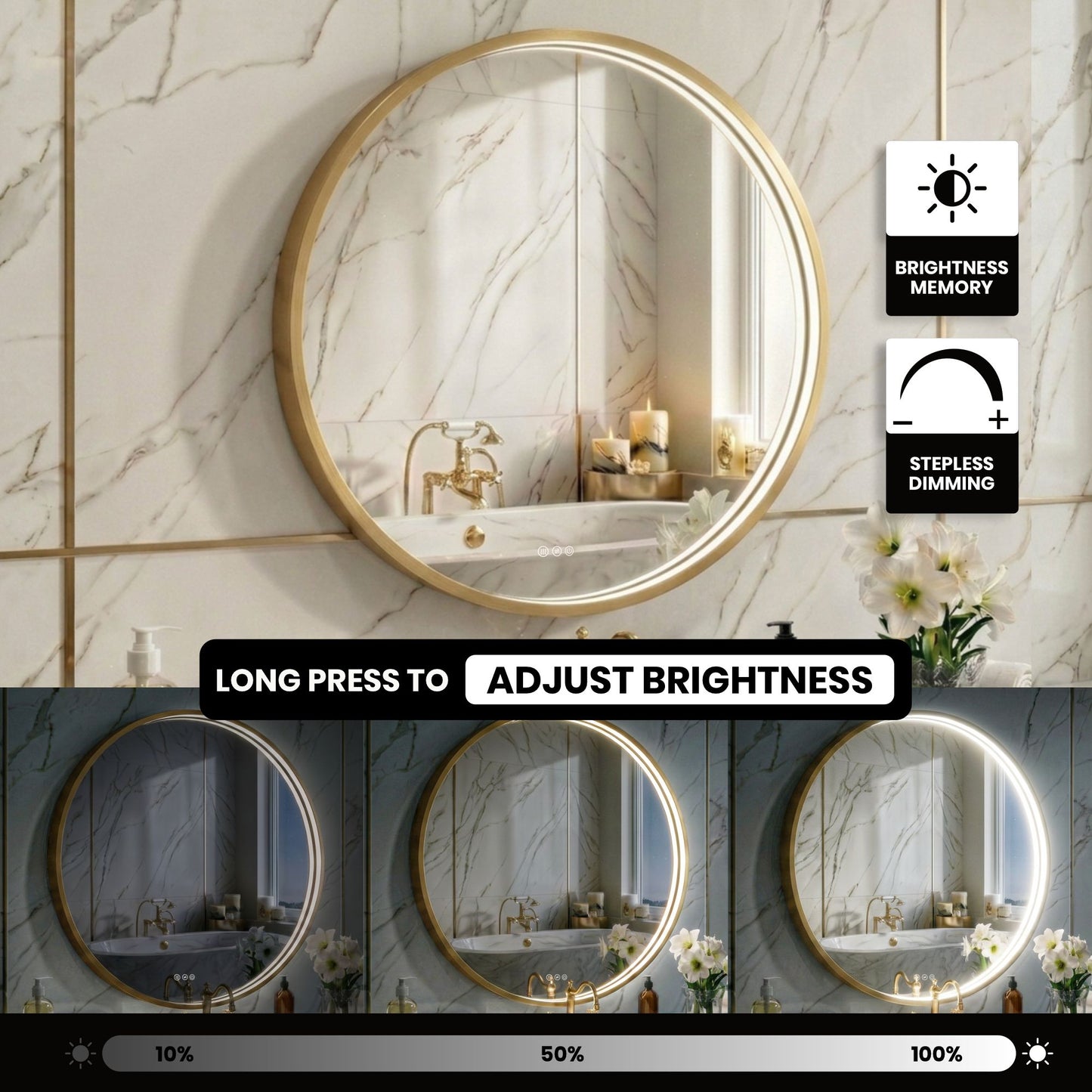 LED Round Bathroom Mirror –Anti-Fog, Dimmable, 3 Color Modes, Modern Design