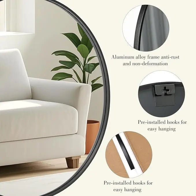 Modern Round Bathroom Wall Mirror – Sleek Minimalist Design with Brushed Matte Aluminum Alloy Frame, Non-Rusting, Perfect for Vanity, Bedroom, or Entryway Home Décor