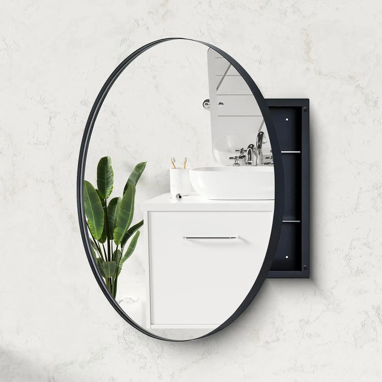 28" Round Framed Bathroom Mirror with Storage – Black Stainless Steel Medicine Cabinet
