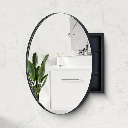 28" Round Framed Bathroom Mirror with Storage – Black Stainless Steel Medicine Cabinet