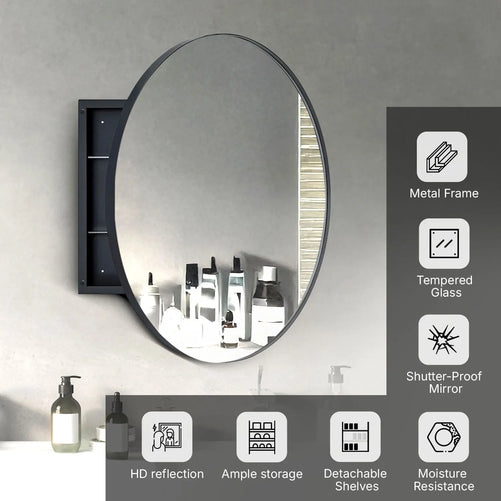 28" Round Framed Bathroom Mirror with Storage – Black Stainless Steel Medicine Cabinet