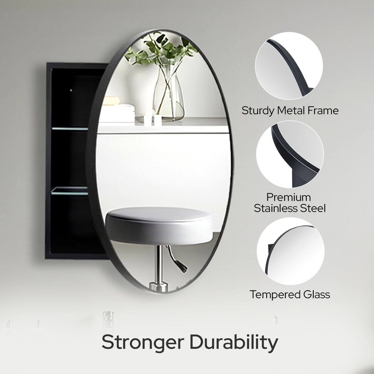 28 x 28 Inch Round Framed Mirror Bathroom Medicine Cabinet with Storage - Stainless Steel Black Circle Medicine Cabinet Mirror for Bathroom with Shelves and 18 x 18 Inch Storage Box