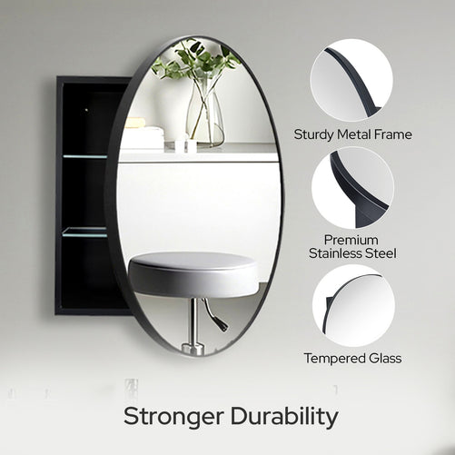 28 x 28 Inch Round Framed Mirror Bathroom Medicine Cabinet with Storage - Stainless Steel Black Circle Medicine Cabinet Mirror for Bathroom with Shelves and 18 x 18 Inch Storage Box