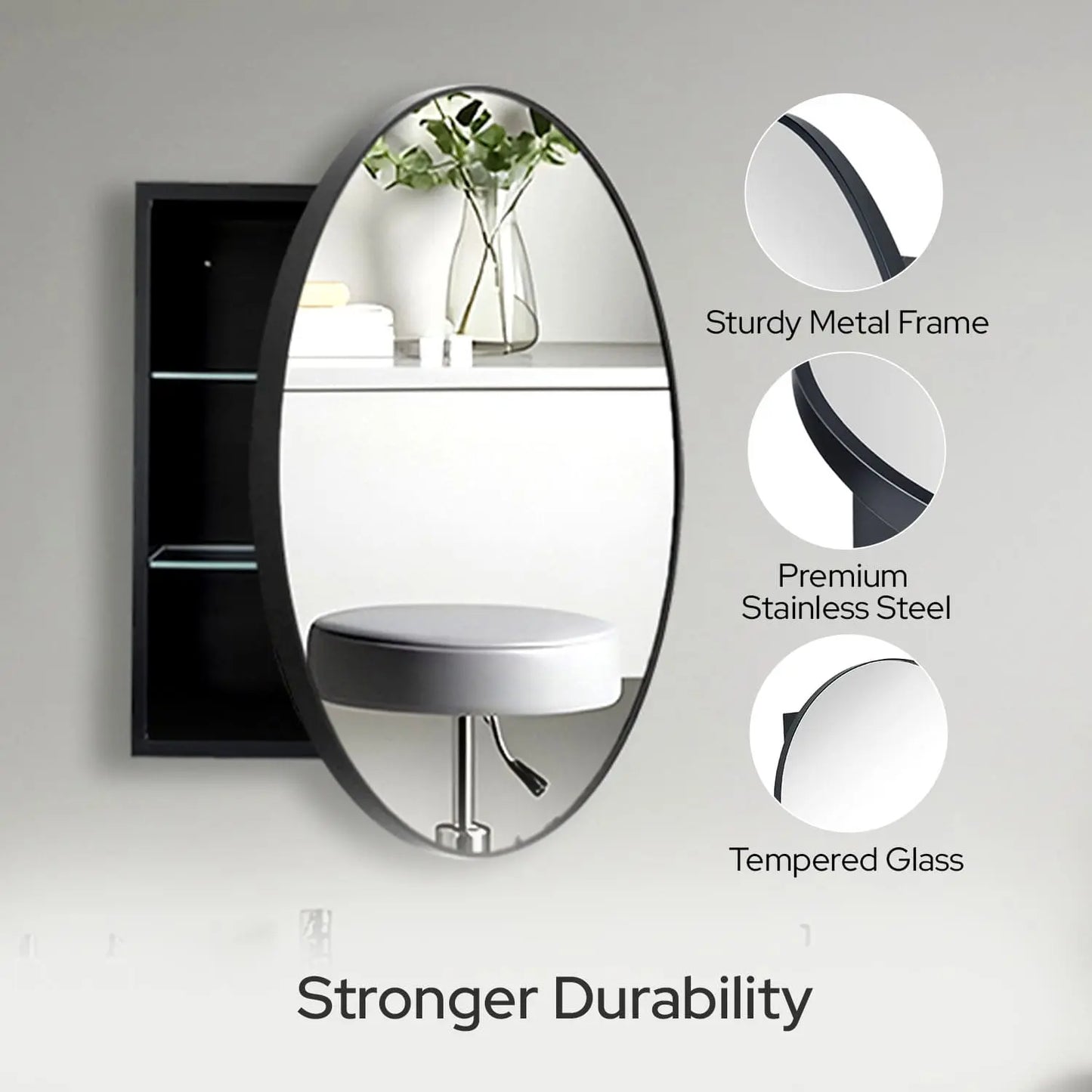 28" Round Framed Bathroom Mirror with Storage – Black Stainless Steel Medicine Cabinet