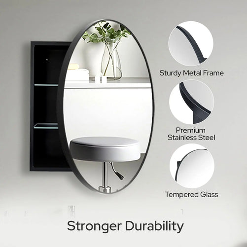 28" Round Framed Bathroom Mirror with Storage – Black Stainless Steel Medicine Cabinet