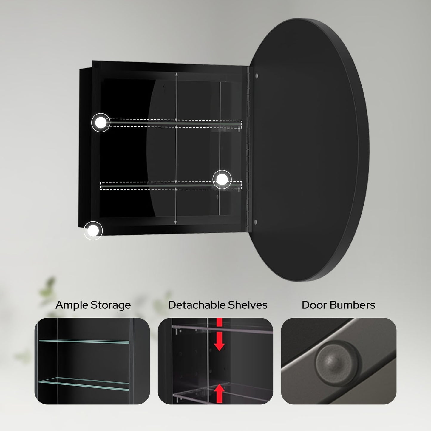 28 x 28 Inch Round Framed Mirror Bathroom Medicine Cabinet with Storage - Stainless Steel Black Circle Medicine Cabinet Mirror for Bathroom with Shelves and 18 x 18 Inch Storage Box