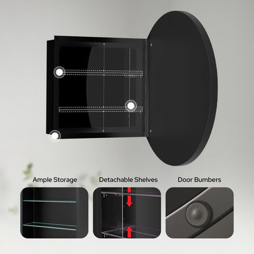 28 x 28 Inch Round Framed Mirror Bathroom Medicine Cabinet with Storage - Stainless Steel Black Circle Medicine Cabinet Mirror for Bathroom with Shelves and 18 x 18 Inch Storage Box
