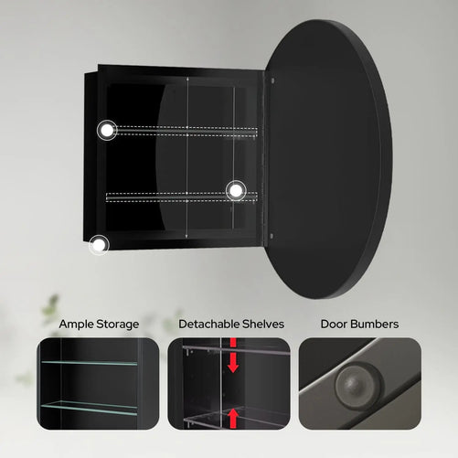 28" Round Framed Bathroom Mirror with Storage – Black Stainless Steel Medicine Cabinet