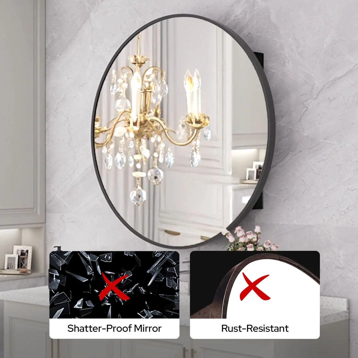 28" Round Framed Bathroom Mirror with Storage – Black Stainless Steel Medicine Cabinet