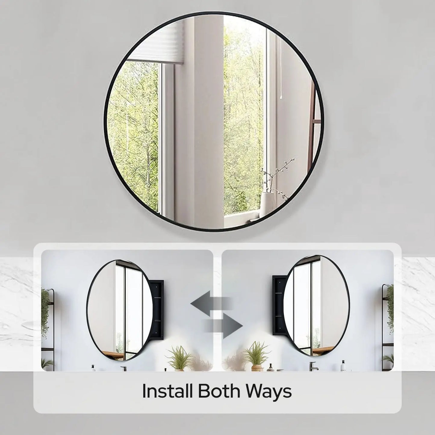 28" Round Framed Bathroom Mirror with Storage – Black Stainless Steel Medicine Cabinet