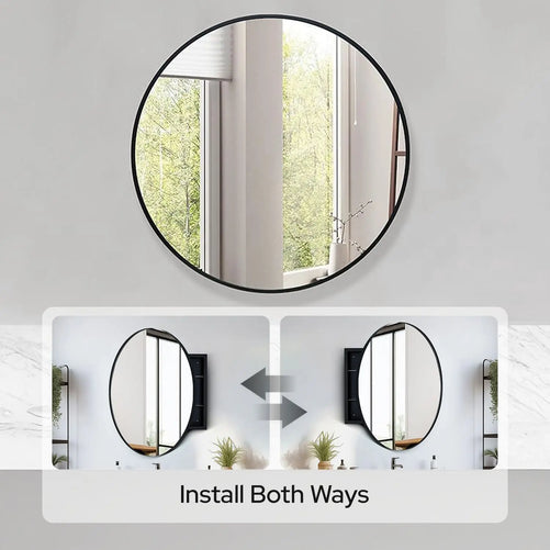 28" Round Framed Bathroom Mirror with Storage – Black Stainless Steel Medicine Cabinet