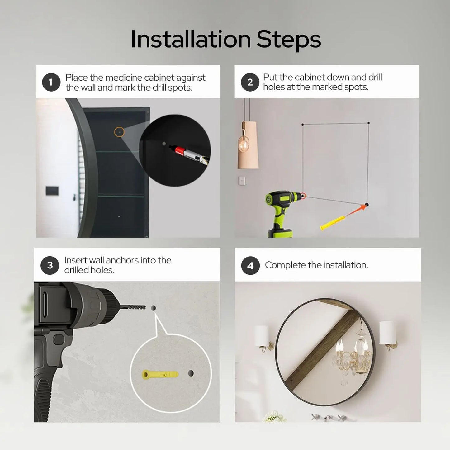 28" Round Framed Bathroom Mirror with Storage – Black Stainless Steel Medicine Cabinet