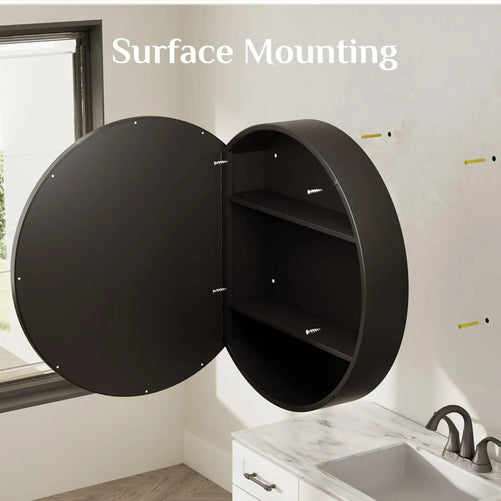 Round Bathroom Medicine Cabinet with Mirror – Metal Framed, Circular Farmhouse Design – Surface Mount Only – Small Wall-Mounted Vanity Mirror for Bathroom Storage & Stylish Décor
