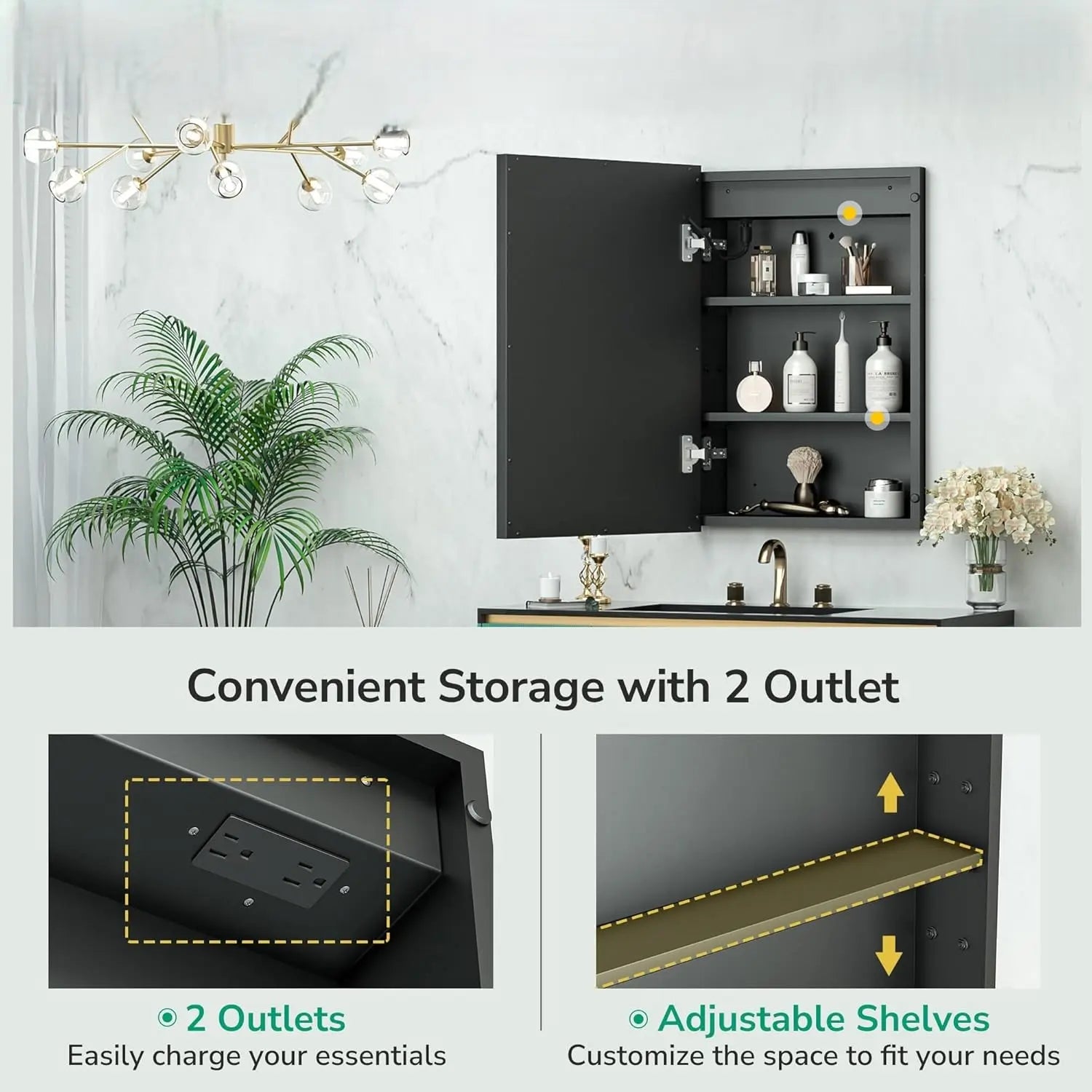 Recessed Medicine Cabinet Mirror with Lights – Tempered Glass, 3-Color Stepless Dimmable LED, Defogger & Electrical Outlets – Modern Cabinet with Storage for Bathroom, Restroom