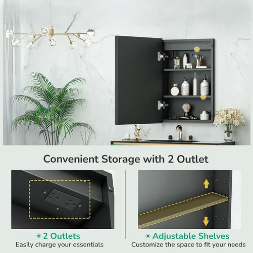 Recessed Medicine Cabinet Mirror with Lights – Tempered Glass, 3-Color Stepless Dimmable LED, Defogger & Electrical Outlets – Modern Cabinet with Storage for Bathroom, Restroom