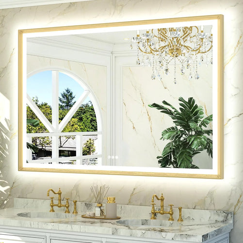 LED Bathroom Vanity Mirror with Frame – Front & Backlit, Aluminum Rectangle, Beveled Edge, 3-Color Stepless Dimmable, Anti-Fog, Memory Function, Wall-Mounted Lighted Mirror