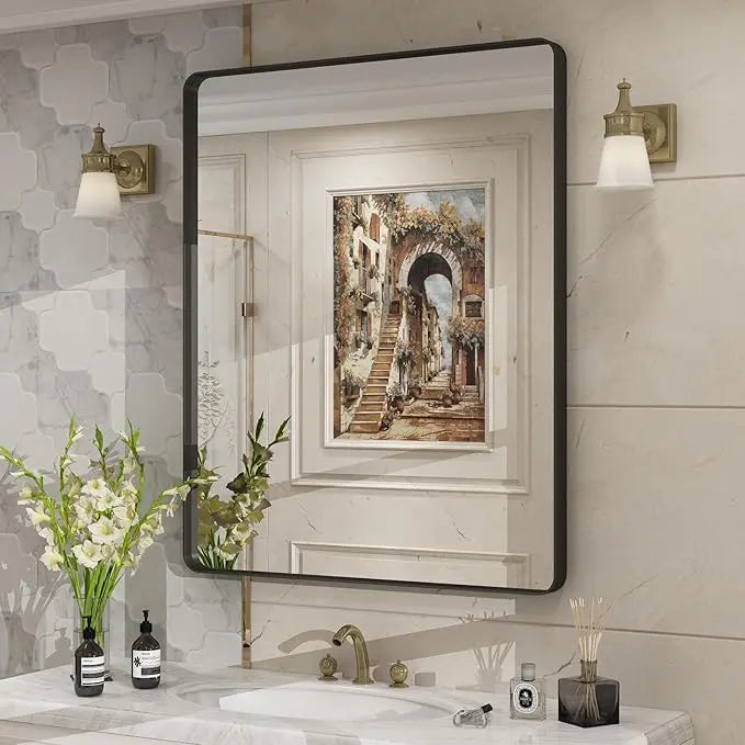 Aluminum Framed Bathroom Vanity Mirror – HD Tempered Glass Wall-Mounted Design, Ideal for Over-the-Sink Use, Supports Horizontal/Vertical Installation for Modern Décor