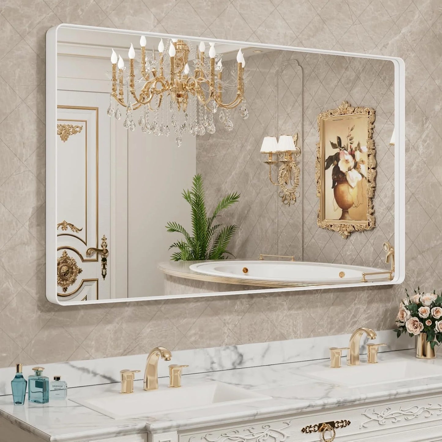 Aluminum Framed Bathroom Vanity Mirror – HD Tempered Glass Wall-Mounted Design, Ideal for Over-the-Sink Use, Supports Horizontal/Vertical Installation for Modern Décor