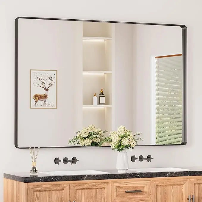 Aluminum Framed Bathroom Vanity Mirror – HD Tempered Glass Wall-Mounted Design, Ideal for Over-the-Sink Use, Supports Horizontal/Vertical Installation for Modern Décor