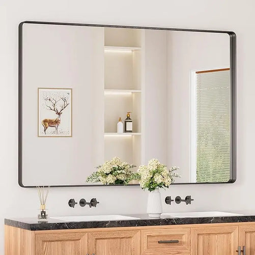 Aluminum Framed Bathroom Vanity Mirror – HD Tempered Glass Wall-Mounted Design, Ideal for Over-the-Sink Use, Supports Horizontal/Vertical Installation for Modern Décor