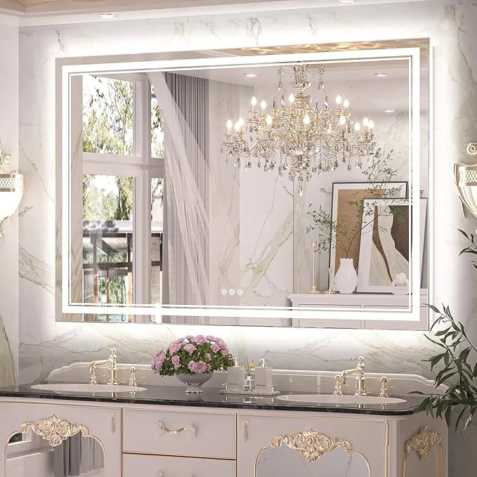 Bathroom Vanity  LED Mirror with Lights – Frontlit & Backlit, Anti-Fog, 3-Color Stepless Dimmable, Memory Function, Shatterproof, CRI 90+, UL Listed Driver – Modern Vanity Mirror