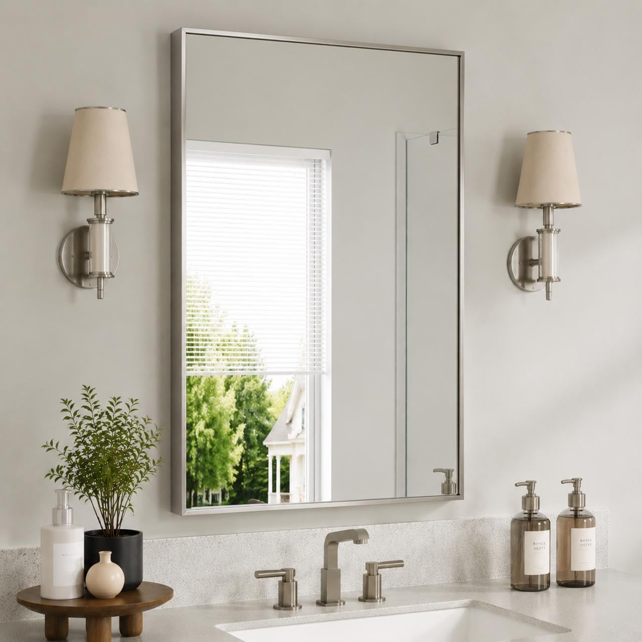 22x34 Brushed Nickel Bathroom Rectangular Mirror – Stylish Polished Nickel Wall Vanity Mirror