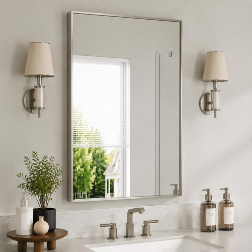 22x34 Brushed Nickel Bathroom Rectangular Mirror – Stylish Polished Nickel Wall Vanity Mirror