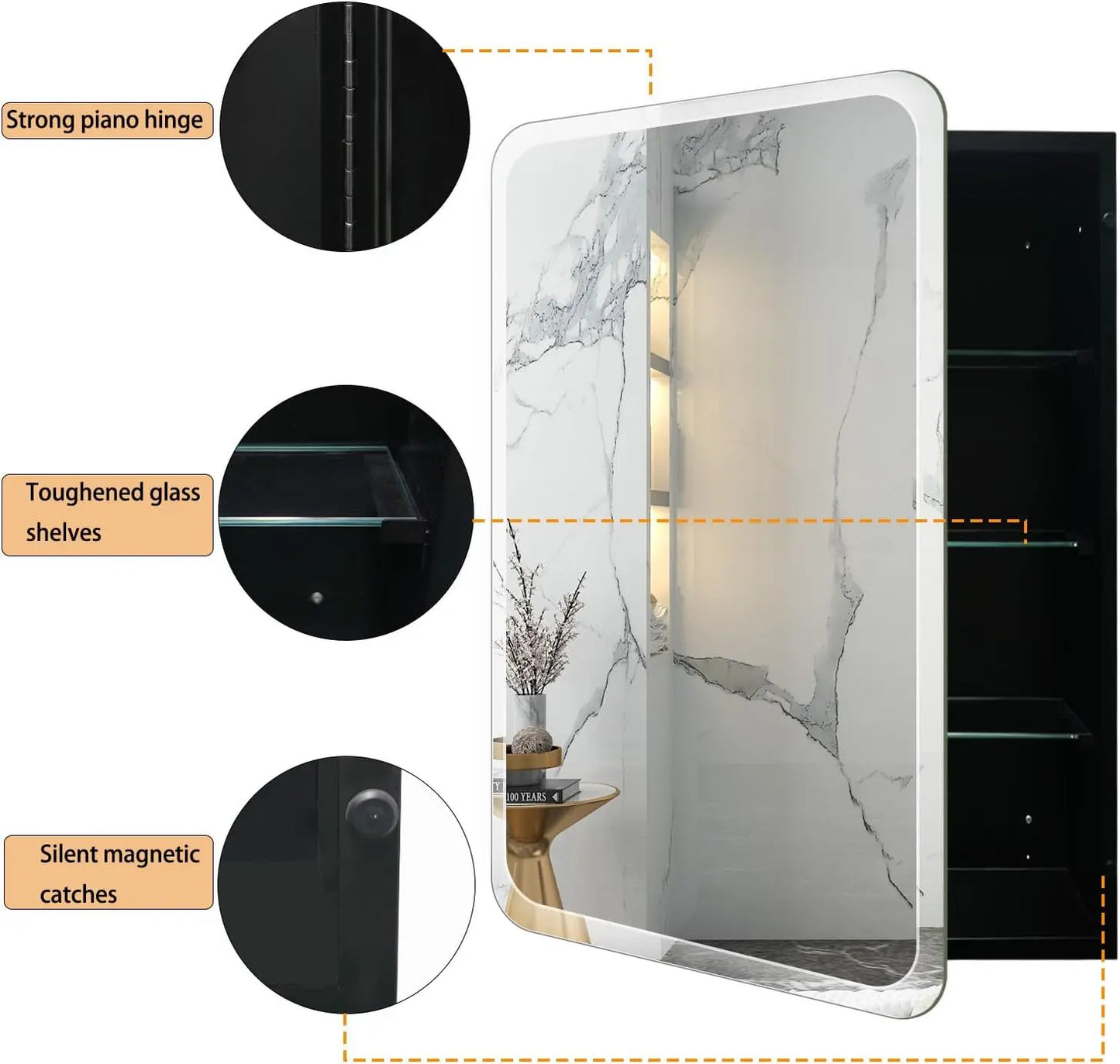 Frameless Bathroom Medicine Cabinet with Mirror - Rectangular Beveled Vanity Mirrors with Tilting Function, with Surface or Recessed Mounting Installation