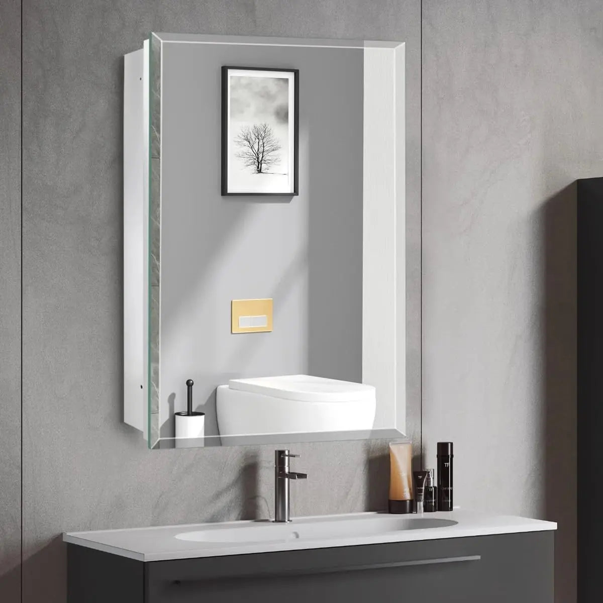 Bathroom or Vanity Medicine Cabinet with Single Door – Frameless Beveled Mirror, Rectangular Wall-Mounted Cabinet for Bathroom, Toilet, or Kitchen, Recessed/Surface Mount