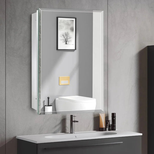 Bathroom or Vanity Medicine Cabinet with Single Door – Frameless Beveled Mirror, Rectangular Wall-Mounted Cabinet for Bathroom, Toilet, or Kitchen, Recessed/Surface Mount