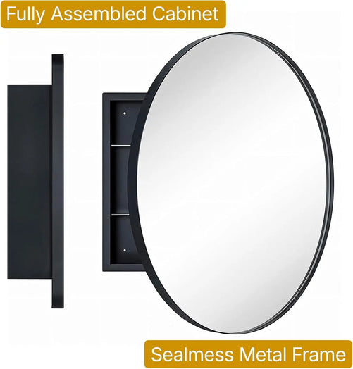 Round Framed Bathroom Medicine Cabinet Mirror with Storage – Stainless Steel Black Circle Medicine Cabinet with Mirror, Stylish and Functional Design for Modern Bathrooms